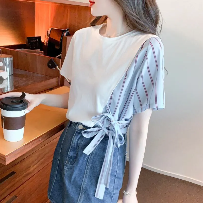 Versatile White Stripe Irregular Patchwork Blouse