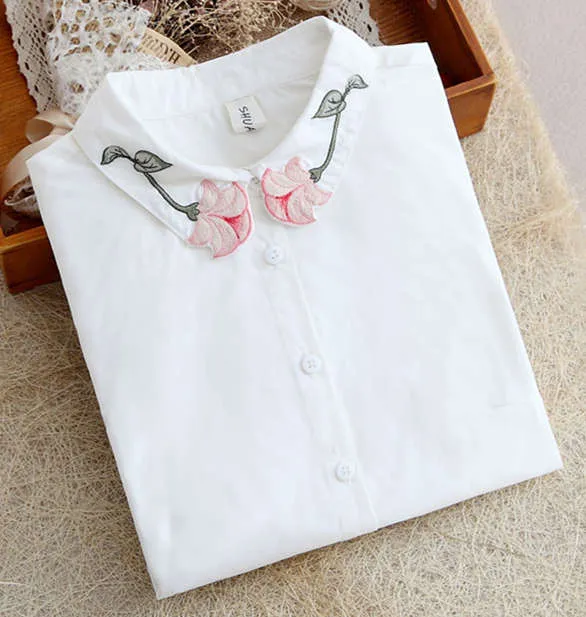 White Blouse Women Work Wear Button Up Lace Turn Down Collar Long Sleeve Cotton Top Shirt Plus Size S-XXL blusas feminina T56302