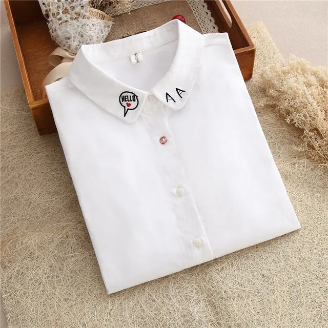 White Blouse Women Work Wear Button Up Lace Turn Down Collar Long Sleeve Cotton Top Shirt Plus Size S-XXL blusas feminina T56302