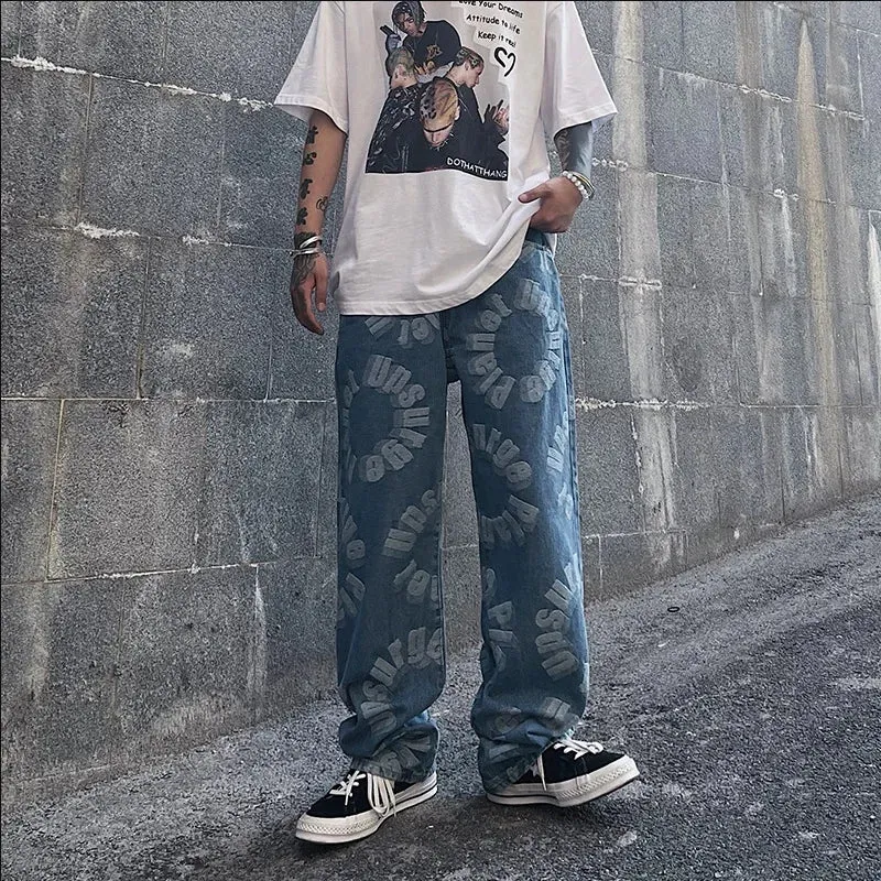 Wiaofellas  -  Jeans For Men Loose Casual Pants Streetwear Jeans Black Jeans Printed Jeans High Jeans Pants Graffiti White Denim Jeans Mens