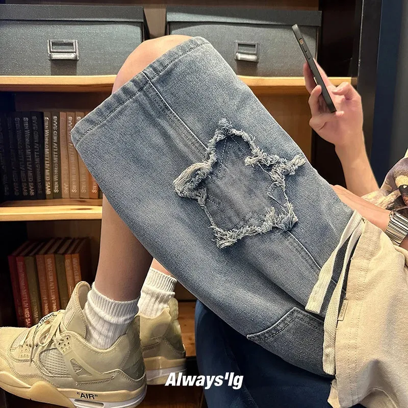 Wiaofellas  -  New Men's Hole Jeans Shorts Korean Fashion Denim Shorts Harajuku High Street Men Clothing Casual Shorts Summer Streetwear Pants