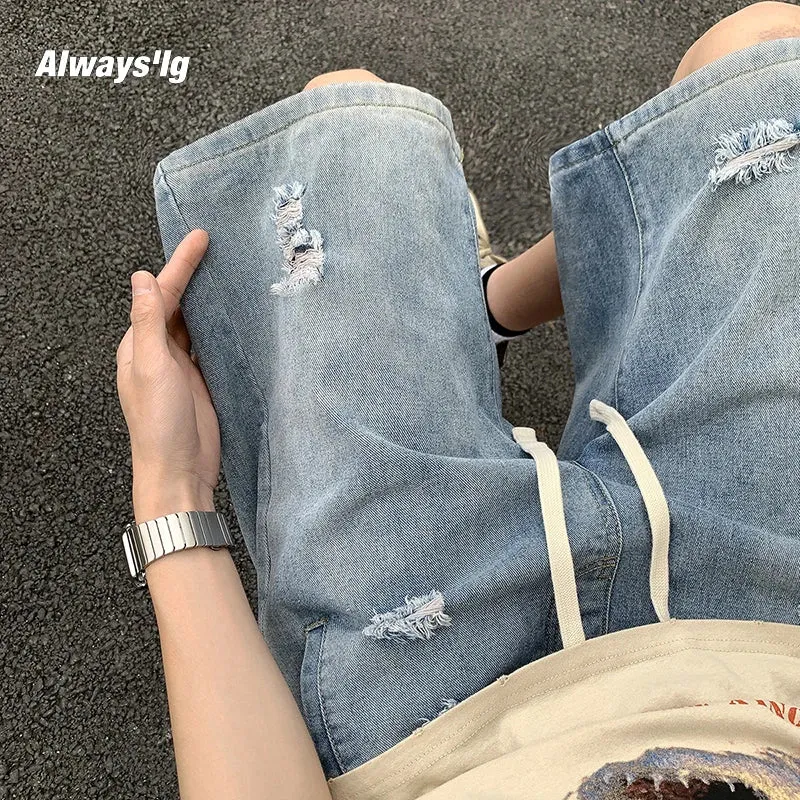 Wiaofellas  -  New Men's Hole Jeans Shorts Korean Fashion Denim Shorts Harajuku High Street Men Clothing Casual Shorts Summer Streetwear Pants