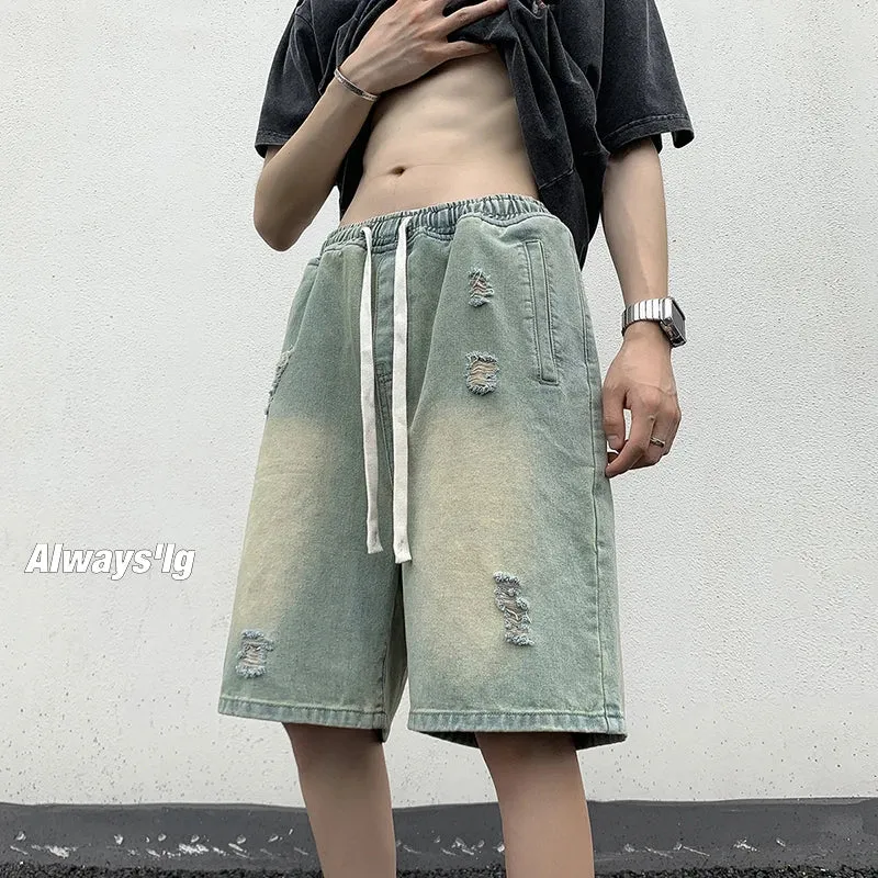 Wiaofellas  -  New Men's Hole Jeans Shorts Korean Fashion Denim Shorts Harajuku High Street Men Clothing Casual Shorts Summer Streetwear Pants