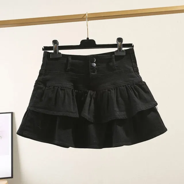 Women Denim Mini Skirt Jeans High Waist Ruffles Pleated Short Skirt