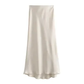 Women Fashion Satin Solid Pleated Midi Skirt Vintage Mid Elastic Waist Female Chic Lady Skirts