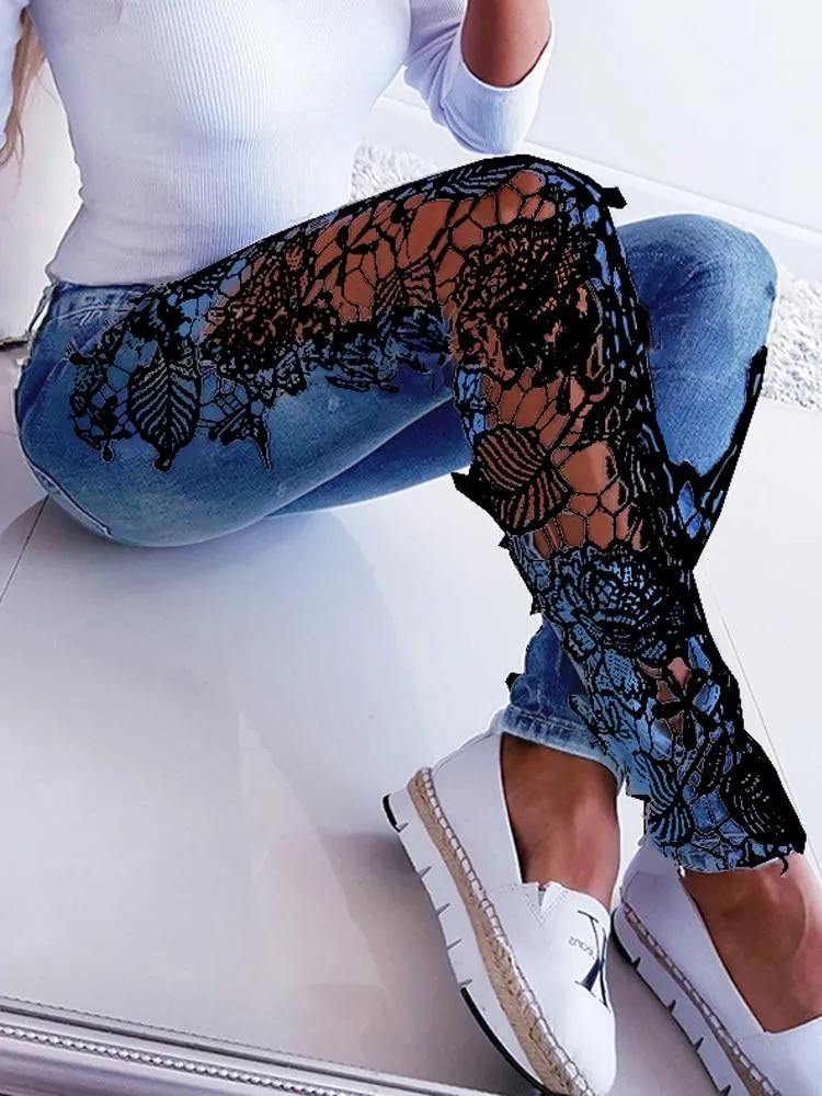 Women Floral Lace  Crochet Hollow-Out Pencil Skinny Jeans