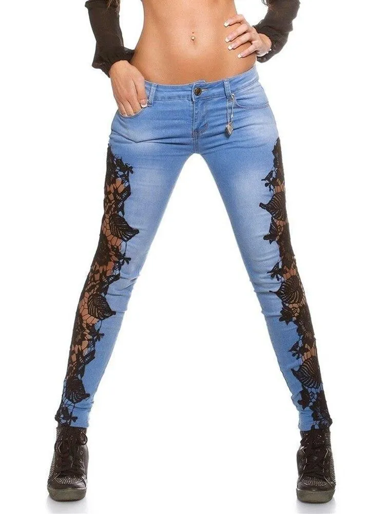 Women Floral Lace  Crochet Hollow-Out Pencil Skinny Jeans