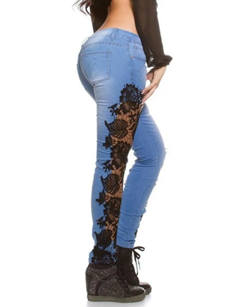 Women Floral Lace  Crochet Hollow-Out Pencil Skinny Jeans