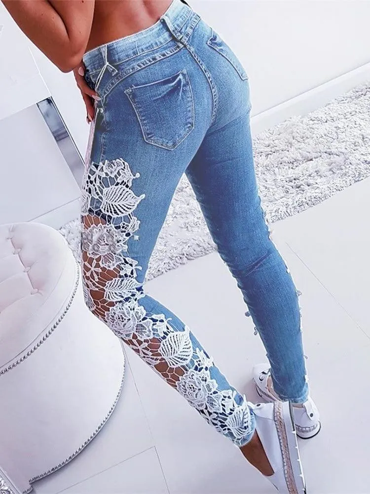 Women Floral Lace  Crochet Hollow-Out Pencil Skinny Jeans