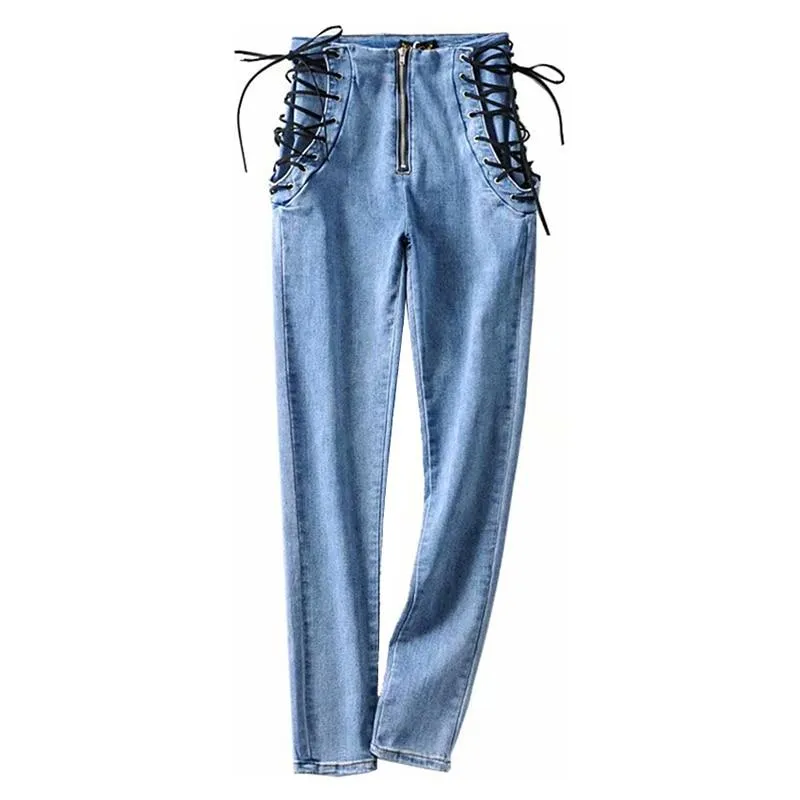 Women Lace Up High Waist Elastic Skinny Pencil Denim Jeans