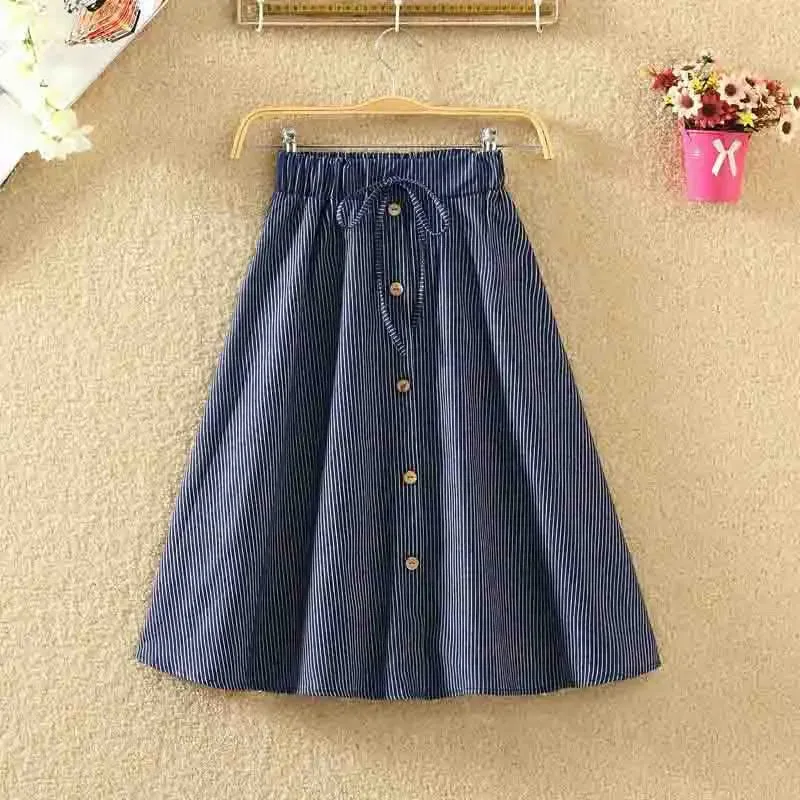 Women Skirt Single-Breasted High-Waist Mid-Length A-Line Denim Skirt