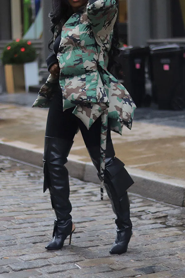 xiangtuibao Camouflage Stylish Belted Irregular Cotton-padded Coat